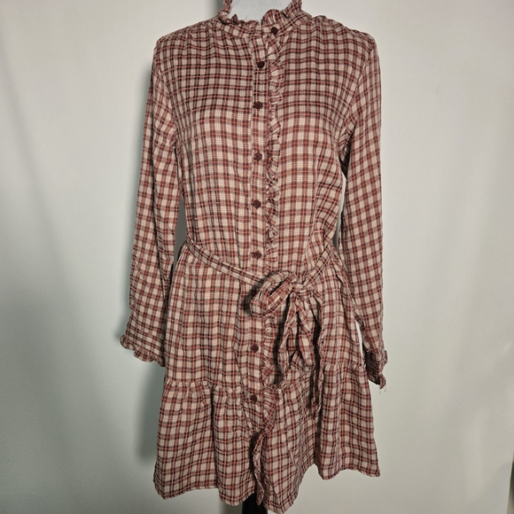 Hem & Thread Plaid Ruffle Mini Dress Western Prairie Tie Waist Small NWT Country - Picture 2 of 7